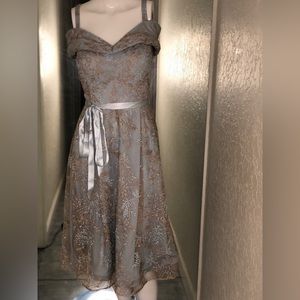 R&M Richards Woman Off-The-Shoulder Blue/Gold Floral Lace Dress 10